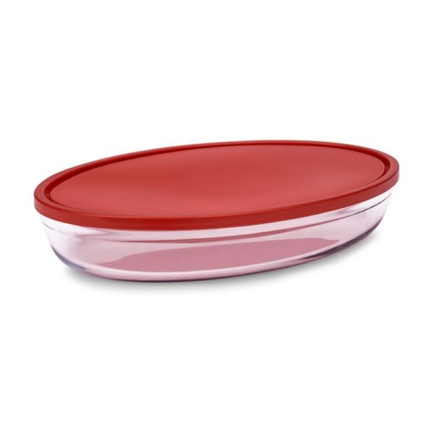 V5945 - TRAVESSA OVAL EM VIDRO OPALINO TEMPERADO BRANCO COM TAMPA EM PLASTICO, MODELO SMART CUISINE LIDS, TAMANHO 32CM