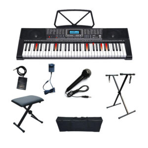 TECLADO MUSICAL ELETRONICO COM 61 TECLAS, ALTO FALANTE STEREO INTEGRADO, ENTRADA PARA FONES DE OUVIDO, PROGRAMADOR DE RITMO E FUNCOES DE TOCADOR DE MUSICA, POSSUI VISOR DE LED DIGITAL, ACOMPANHA PORTA PARTITURA, FONE DE OUVIDO, FONTE E MICROFONE = HXBR-HL-1027-B1