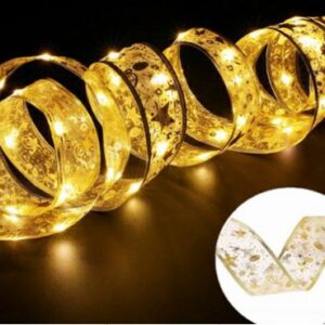 FITA DOURADA DECORATIVA DE NATAL EM CETIM COM LUZES LED