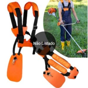 CINTO DE SUSTENTACAO DUPLO PARA ROCADEIRA, MODELO UNIVERSAL, FABRICADO EM NYLON E COMPONENTES PLASTICOS, COM ALMOFADAS ALMOFADADAS E SISTEMA DE AJUSTE DE TAMANHO. POSSUI GANCHO METALICO FRONTAL PARA FIXACAO DA MAQUINA.