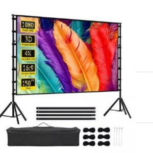 TELA DE PROJECAO PORTATIL DE 150", FORMATO 16:9, COMPATIVEL COM PROJECAO FULL HD E 4K, POSSUI ESTRUTURA METALICA DESMONTAVEL, TRIPES PARA SUSTENTACAO, ESTACAS, CORDAS E BOLSA EM TECIDO PARA TRANSPORTE