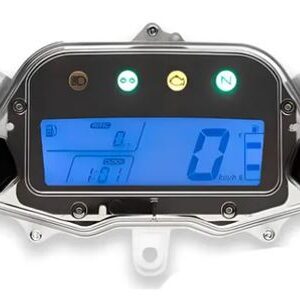 PAINEL DE INSTRUMENTOS PARA MOTOCICLETAS COM FUNDO AZUL QUE INDICA VELOCIDADE, NIVEL DE COMBUSTIVEL, HODOMETRO (PARCIAL E TOTAL), CONTA-GIRO. SISTEMA PLUG-AND-PLAY.