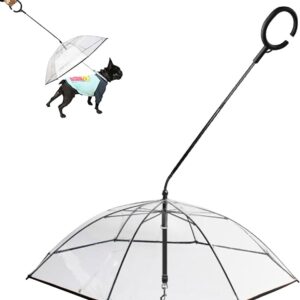 GUARDA CHUVA PET CONFECCIONADO EM MATERIAL PLASTICO TRANSPARENTE, COM ESTRUTURA LEVE E HASTE METÁLICA, EQUIPADO COM SISTEMA DE ENGATE PARA COLEIRA PEITORAL