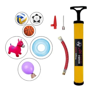 BOMBA MANUAL DE AR, ACIONADA MANUALMENTE, UTILIZADA PARA INFLAR ARTIGOS ARTIGOS COMO BOLAS, E OUTROS PRODUTOS. ACOMPANHA MANGUEIRA FLEXIVEL E BICOS ADAPTADORES