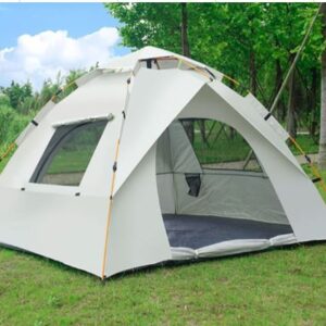 BARRACA PARA CAMPING COM MONTAGEM AUTOMATICA, ESTRUTURA COM VARETAS DE FIBRA DE VIDRO E TENDA EM POLIESTER IMPERMEABILIZADO, CAPACIDADE PARA 3-4 PESSOAS, ACOMPANHA BOLSA DE TRANSPORTE