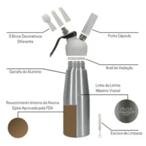 SIFAO DISPENSADOR DE CHANTILLY MANUAL, FABRICADO EM ACO INOX, COM CAPACIDADE PARA 1000ML, UTILIZADO PARA PREPARO E DISPENSACAO DE CREME BATIDO. ACOMPANHA BICOS INTERCAMBIAVEIS E ESCOVA PARA LIMPEZA. APLICACAO DOMESTICA E PROFISSIONAL EM COZINHA E CONFEITARIA.