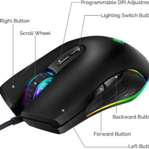 MOUSE GAMER COM FIO, PARA COMPUTADOR, CORPO EM PLASTICO, SENSOR OPTICO, ILUMINACAO DE LED, BOTOES MULTIPLOS PROGRAMAVEIS, RODA DE ROLAGEM, AJUDE DE DPI, CONEXAO USB