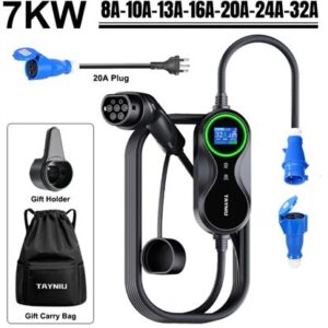 CARREGADOR PORTATIL PARA VEICULO ELETRICO COM CONECTOR TIPO 2 POTENCIA DE 7 KW CORRENTE AJUSTAVEL ATE 16 A CABO DE 5 METROS COM PROTECAO IP66 COMPATIVEL COM PADRAO IEC INDICADO PARA RECARGA DE AUTOMOVEIS ELETRICOS
