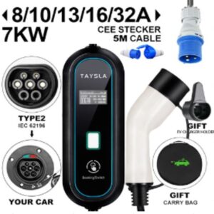 CARREGADOR PORTATIL PARA VEICULO ELETRICO COM CONECTOR TIPO 2 POTENCIA DE 7 KW CORRENTE AJUSTAVEL ATE 16 A CABO DE 5 METROS COM PROTECAO IP66 COMPATIVEL COM PADRAO IEC INDICADO PARA RECARGA DE AUTOMOVEIS ELETRICOS