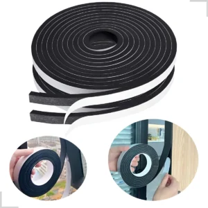 FITA VEDADORA AUTOADESIVA EM BORRACHA ESPUMADA (EVA OU SIMILAR), EM ROLO DE 9 METROS COM 6MM DE ESPESSURA, UTILIZADA PARA VEDACAO E ISOLAMENTO DE PORTAS E JANELAS, COM ADESIVO EM UMA DAS FACES, FLEXIVEL