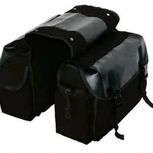 BOLSA LATERAL DUPLA PARA MOTOCICLETA, CONFECCIONADA EM MATERIAL TEXTIL SINTETICO COM REVESTIMENTO IMPERMEAVEL, COM COMPARTIMENTOS INDEPENDENTES, ABAS COM FECHAMENTO POR FIVELAS E TIRAS DE FIXACAO, PROPRIO PARA TRANSPORTE DE OBJETOS
