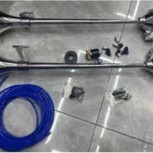 BUZINA PNEUMATICA AUTOMOTIVA TIPO CORNETA DUPLA, CONSTITUIDA POR CORNETAS METALICAS, VALVULAS SOLENOIDES, MANGUEIRA PLASTICA DE AR, SUPORTES E ACESSORIOS PARA FIXACAO, UTILIZADA PARA EMISSAO DE SINAL SONORO EM VEICULOS, MEDIANTE ACIONAMENTO POR SISTEMA DE AR COMPRIMIDO