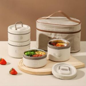 KIT DE RECIPIENTES EM ACO INOX COM REVESTIMENTO EM PLASTICO PARA ALIMENTOS, COMPOSTO POR POTES COM TAMPA, ACONDICIONADOS EM BOLSA TERMICA PARA TRANSPORTE.