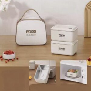 KIT DE RECIPIENTES EM ACO INOX COM REVESTIMENTO EM PLASTICO PARA ALIMENTOS, COMPOSTO POR POTES COM TAMPA, ACONDICIONADOS EM BOLSA TERMICA PARA TRANSPORTE.