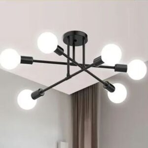 LUMINARIA DE TETO DECORATIVA, METALICO, COM HASTES EM DESIGN MODERNO, ACABAMENTO EM PINTURA PRETA COM SOQUETE PARA 6 LAMPADAS DE LED ESFERICAS DE ROSCA (TIPO E27). PRODUTO DESTINADO A ILUMINACAO INTERNA