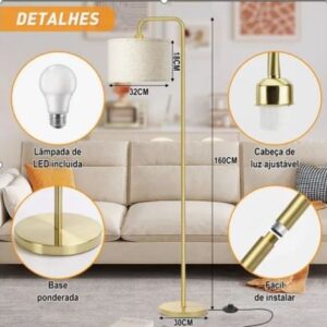 LUMINARIA DE CHAO COM 3 TEMPERATURAS DE COR (2700K, 4000K, 5000K), EQUIPADA COM LAMPADA DE LED COM BOCAL E27, ESTRUTURA EM METAL COM CUPULA EM LINHO, POSSUI CABO DE 1.8 METROS, BI-VOLT