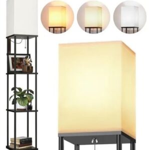 LUMINARIA DE PISO COM ESTRUTURA VERTICAL COMPOSTA POR TRES PRATELEIRAS E CUPULA EM TECIDO SINTETICO, COM SOQUETE PARA LAMPADA E27 (NAO INCLUSA), ACIONAMENTO POR CORDAO (PULL SWITCH), TENSAO 127-220V, INDICADA PARA USO DECORATIVO E ILUMINACAO DE AMBIENTES INTERNOS RESIDENCIAIS