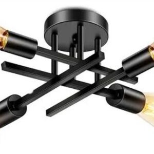 LUMINARIA DE TETO DECORATIVA, METALICO, COM HASTES EM DESIGN MODERNO, ACABAMENTO EM PINTURA PRETA COM DOURADA COM SOQUETE PARA 4 LAMPADAS DE ESFERICAS DE ROSCA (TIPO E27). PRODUTO DESTINADO A ILUMINACAO INTERNA
