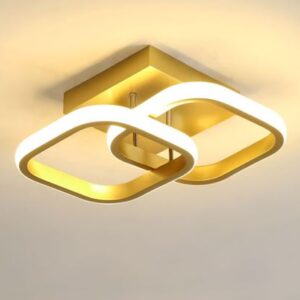 LUMINARIA DE TETO TIPO PLAFON COM TECNOLOGIA DE LED INTEGRADA, 3 TEMPERATURAS (QUENTE, FRIO E NEUTRO), COM DESIGN MODERNO EM FORMATO GEOMETRICO, ESTRUTURA EM METAL DOURADO E ACRILICO, PARA INSTALACAO SOBREPOSTA