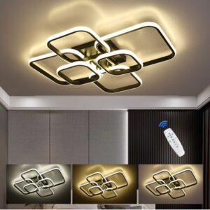 LUMINARIA DE TETO TIPO PLAFON LED, COM DESIGN MODERNO EM FORMATO GEOMETRICO, ESTRUTURA EM METAL E ACRILICO, COM EMISSAO DE LUZ LED INTEGRADA, PARA INSTALACAO SOBREPOSTA EM AMBIENTES INTERNO. ACOMPANHA CONTROLE REMOTO PARA AJUSTE DE ILUMINACAO.