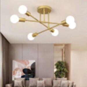 LUMINARIA DE TETO DECORATIVA, METALICO, COM HASTES EM DESIGN MODERNO, ACABAMENTO EM PINTURA DOURADA COM SOQUETE PARA 6 LAMPADAS DE LED ESFERICAS DE ROSCA (TIPO E27). PRODUTO DESTINADO A ILUMINACAO INTERNA
