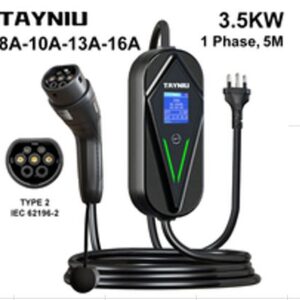 CARREGADOR PORTATIL PARA VEICULOS ELETRICOS (EV CHARGER), COM PLUGUE PADRAO TIPO 2 (IEC 62196-2), CABO DE ALIMENTACAO COM CONTROLE ELETRONICO INTEGRADO, VISOR LCD PARA MONITORAMENTO DE CARGA, TENSAO NOMINAL 220V, POTENCIA 3.5KW, CORRENTE AJUSTAVEL, PROTECAO CONTRA SOBRECARGA, SOBRETENCAO E CURTO-CIRCUITO, APLICACAO RESIDENCIAL, TAMANHO DO CABO: 3.5 METROS, MARCA TAYNIU