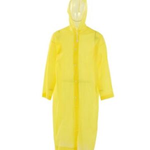 CAPA DE CHUVA ADULTO EM PVC COM CAPUZ, COR AMARELO, TAMANHO MEDIO 145CM, COM MANGAS LONGAS E FECHAMENTO POR BOTOES DE PRESSAO