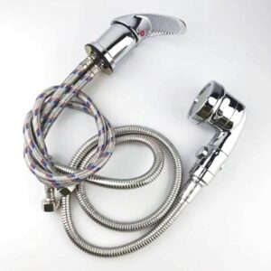 DUCHA/MISTURADOR PARA LAVATORIO DE CABELO, FABRICADO EM METAL, COM GATILHO DE ACIONAMENTO, MANGUEIRA FLEXIVEL E ACESSORIOS DE FIXACAO, UTILIZADO PARA CONTROLE E DIRECIONAMENTO DO FLUXO DE AGUA EM LAVATORIOS.