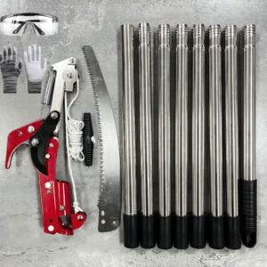 KIT PODADOR DE GALHOS COM SERRA MANUAL E HASTE EXTENSORA, FABRICADO EM ACO E ALUMINIO, COMPOSTO POR TESOURA PODADORA, SERRA CURVA PARA PODA, HASTES ROSQUEAVEIS DE EXTENSAO E ACESSORIOS, UTILIZADO PARA CORTE E PODA DE GALHOS E ARVORES EM JARDINAGEM E MANUTENCAO.