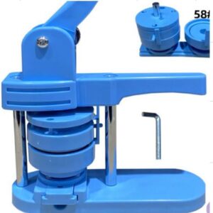 MAQUINA MANUAL PARA FABRICACAO DE BOTOES E CRACHAS, EM PLASTICO E ACO, COM SISTEMA DE PRENSA E MOLDE GIRATORIO