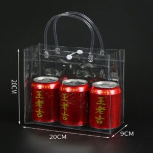 SACOLA PLASTICA TRANSPARENTE, FABRICADA EM PVC FLEXIVEL, IMPERMEAVEL E REUTILIZAVEL, COM ALCA INTEGRADA E FECHAMENTO POR BOTAO DE PRESSAO. DIMENSOES APROXIMADAS DE 20 X 20 X 8 CM