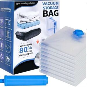 SACOS PARA ARMAZENAMENTO A VACUO EM MATERIAL PLASTICO, COM VALVULA E ZIPER HERMETICO, UTILIZADOS PARA COMPRESSAO E ORGANIZACAO DE ROUPAS E TECIDOS, REUTILIZAVEIS, COM BOMBA MANUAL INCLUSA, JOGO COM 10 PECAS NO TAMANHO 50X70CM